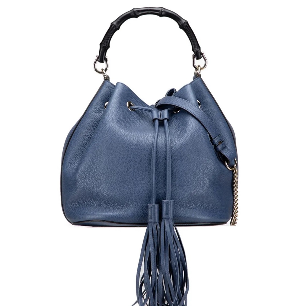 Gucci blue leather miss bamboo tassel bucket bag